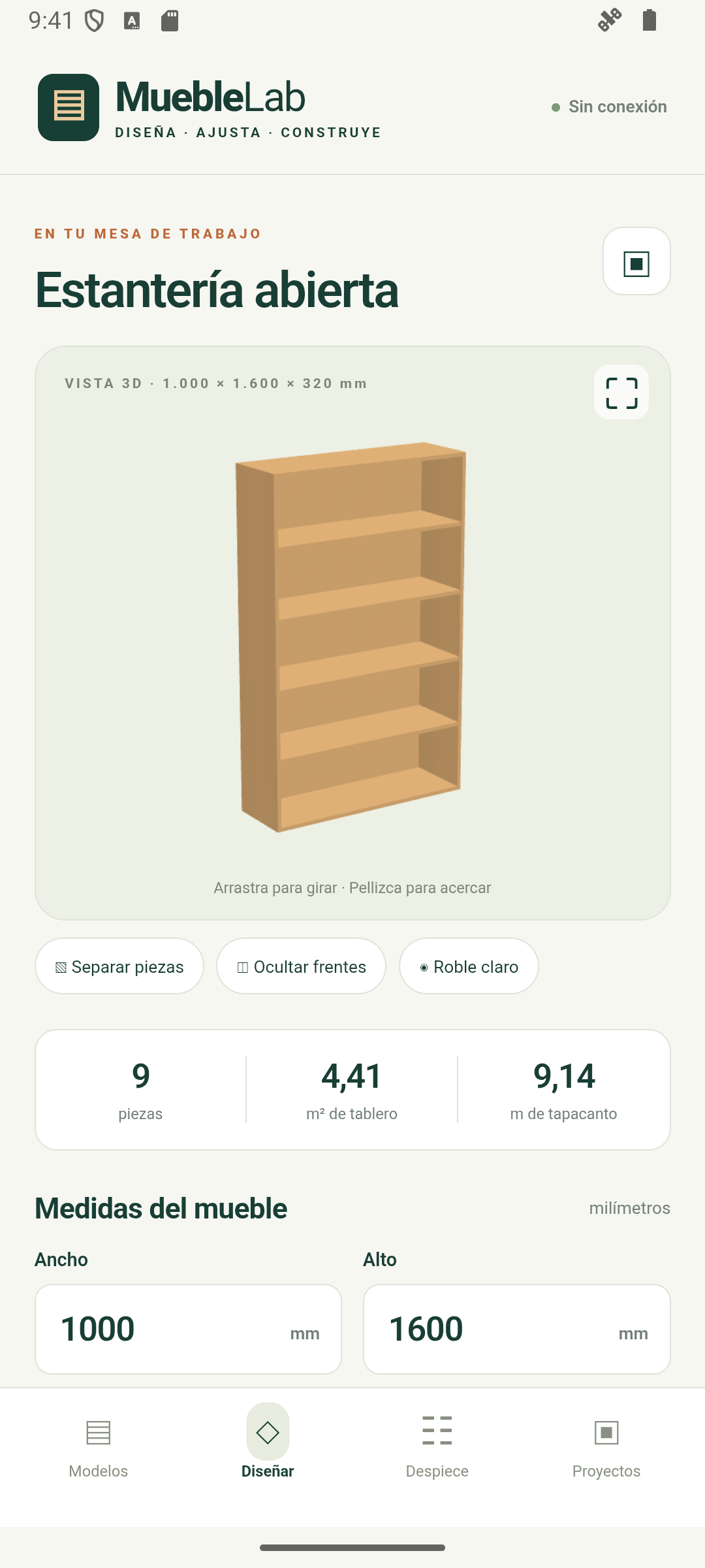 MuebleLab muestra una estantería en 3D y campos para ajustar ancho y alto