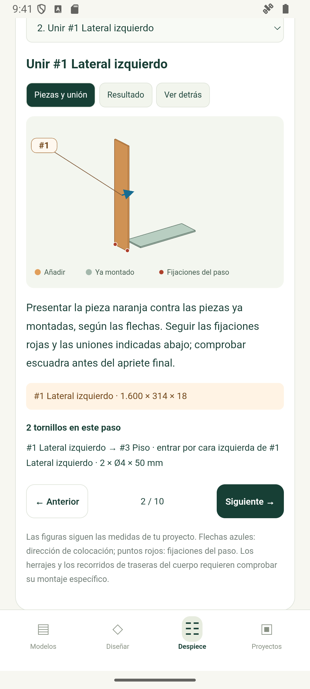 Guía gráfica que muestra cómo unir un lateral con el piso del mueble