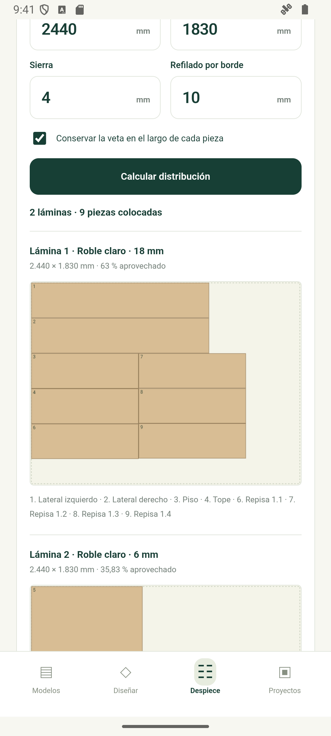 Distribución de piezas en láminas con referencias del despiece